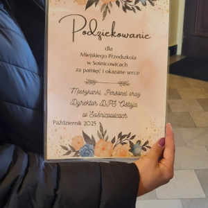 Podziękowanie dla Miejskiego Przedszkola w Sośnicowicach.