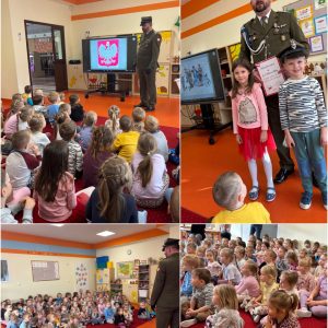 Zdjęcie przedstawia dzieci z Miejskiego Przedszkola w Sośnicowicach podczas spotkania z tatą Agatki.