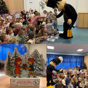 Zdjęcie przedstawia dzieci z Miejskiego Przedszkola w Sośnicowicach podczas spotkania z Fedrusiem.