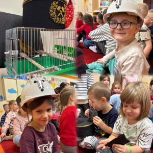 Zdjęcie przedstawia dzieci z Miejskiego Przedszkola w Sośnicowicach podczas spotkania z górnikiem.