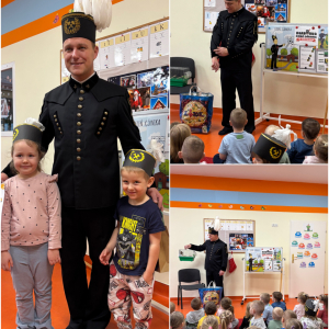 Zdjęcie przedstawia dzieci z Miejskiego Przedszkola w Sośnicowicach podczas spotkania z górnikiem.