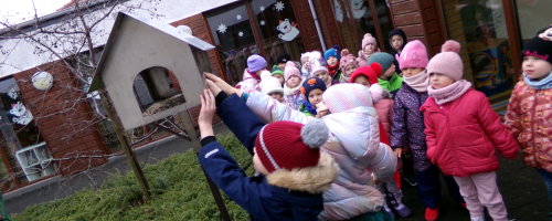 Przedszkolaki dokarmiają ptaki